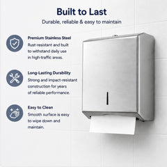 Wall-Mounted Stainless Steel Paper Towel Dispenser – Large Capacity Folded Tissue Dispenser (Brushed Silver Finish)