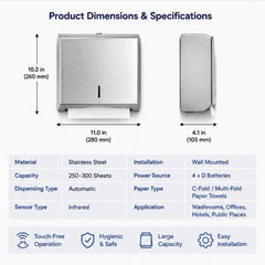 Wall-Mounted Stainless Steel Paper Towel Dispenser – Large Capacity Folded Tissue Dispenser (Brushed Silver Finish)