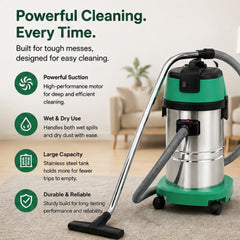 Heavy-Duty Wet & Dry Vacuum Cleaner – Stainless Steel Industrial Vacuum Cleaner with Powerful Suction & Wheels