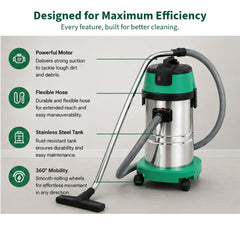 Heavy-Duty Wet & Dry Vacuum Cleaner – Stainless Steel Industrial Vacuum Cleaner with Powerful Suction & Wheels