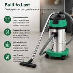 Heavy-Duty Wet & Dry Vacuum Cleaner – Stainless Steel Industrial Vacuum Cleaner with Powerful Suction & Wheels