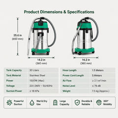 Heavy-Duty Wet & Dry Vacuum Cleaner – Stainless Steel Industrial Vacuum Cleaner with Powerful Suction & Wheels